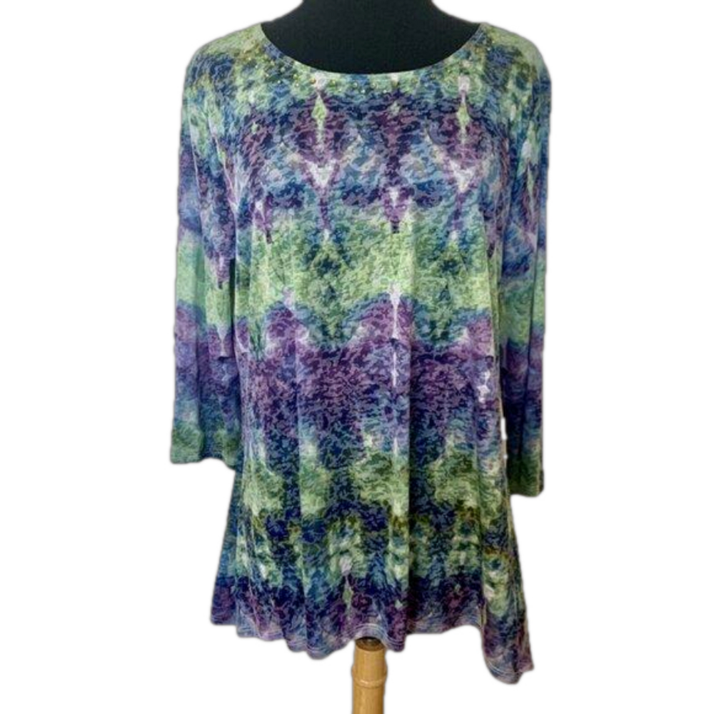 Ruby Rd Tunic top SZ L sheer Rhinestone bling ¾ sleeve Purple Green